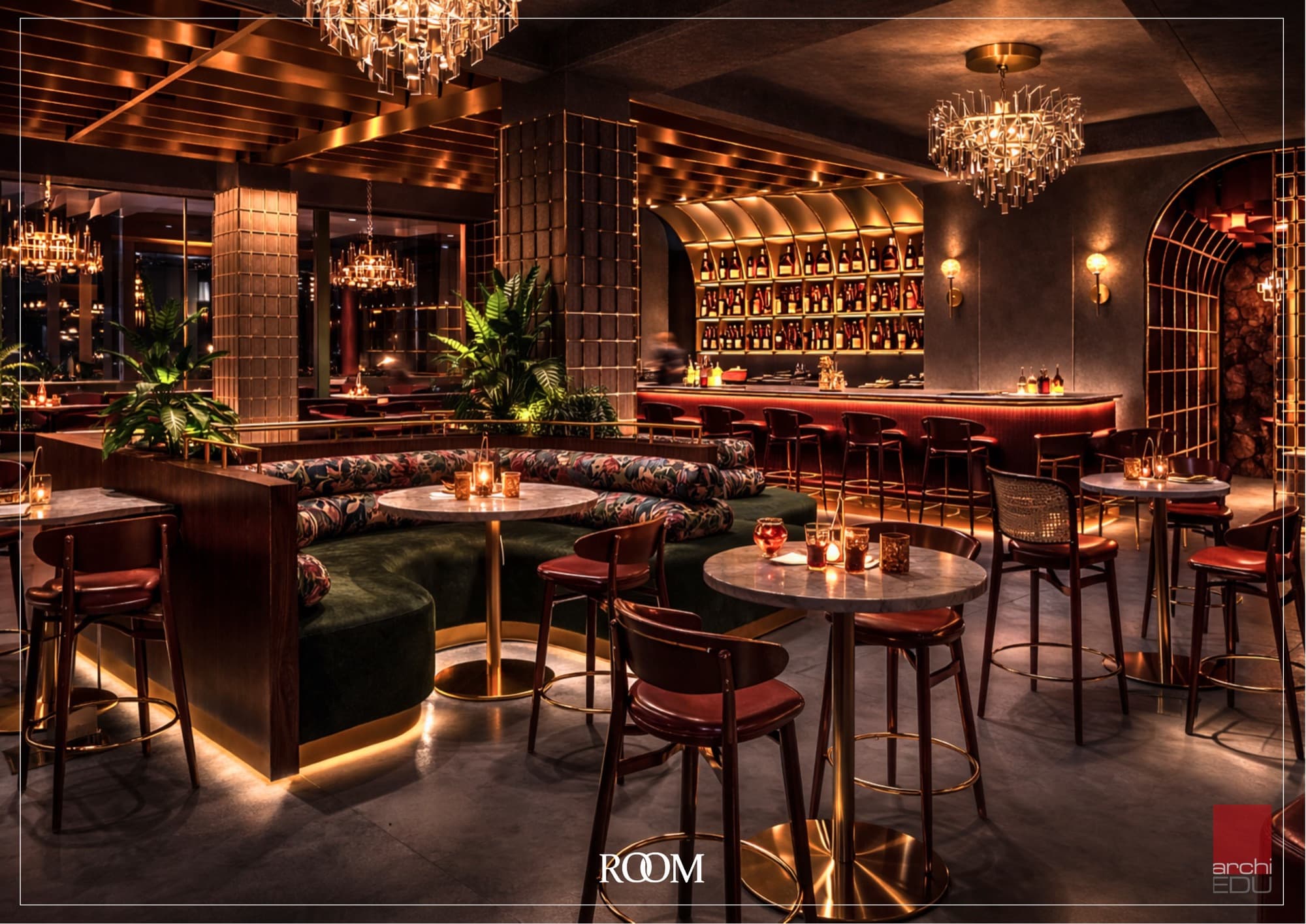 Cocktail tables under cascading light