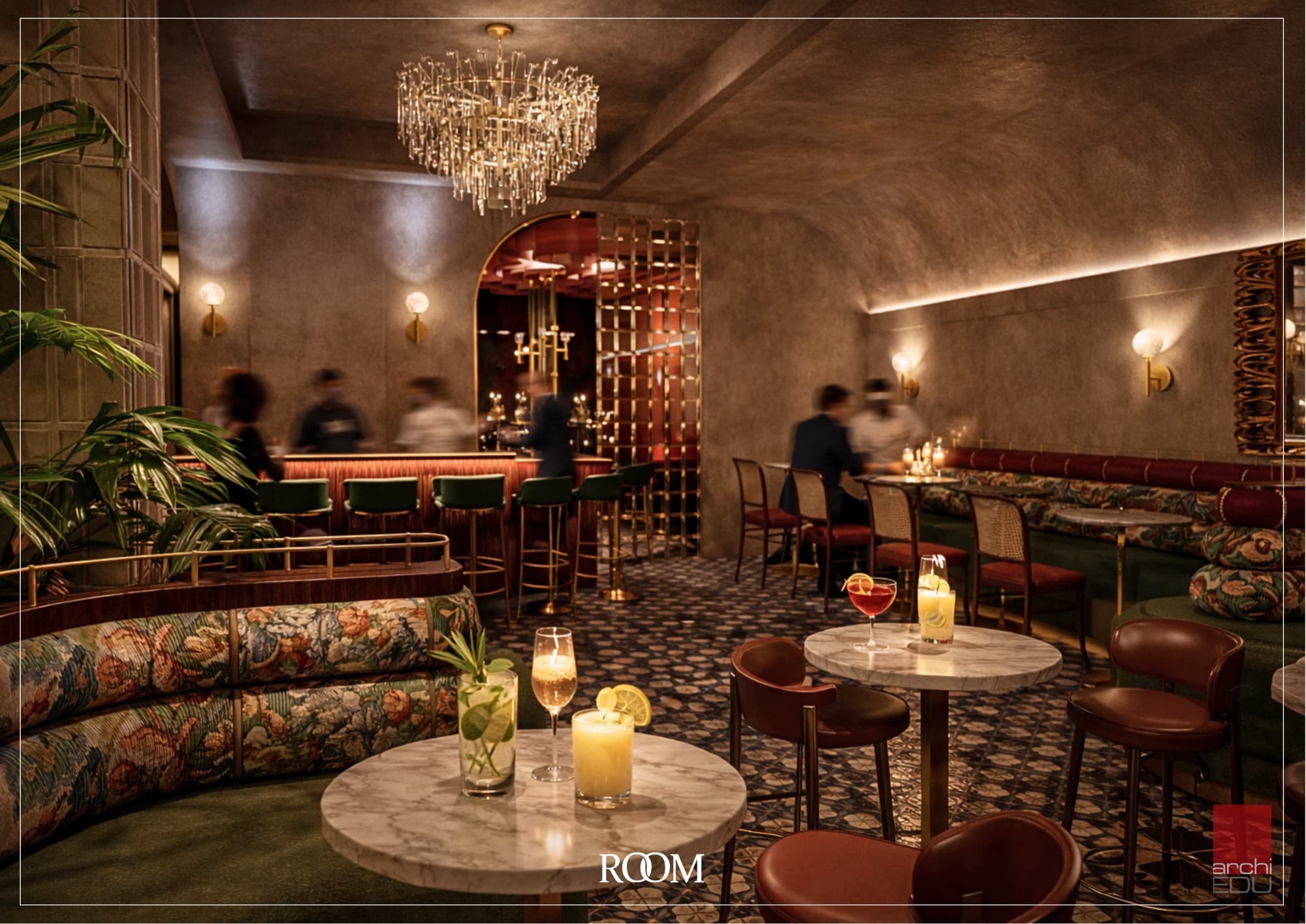 Brass arches · Crystal chandeliers · Marble bar