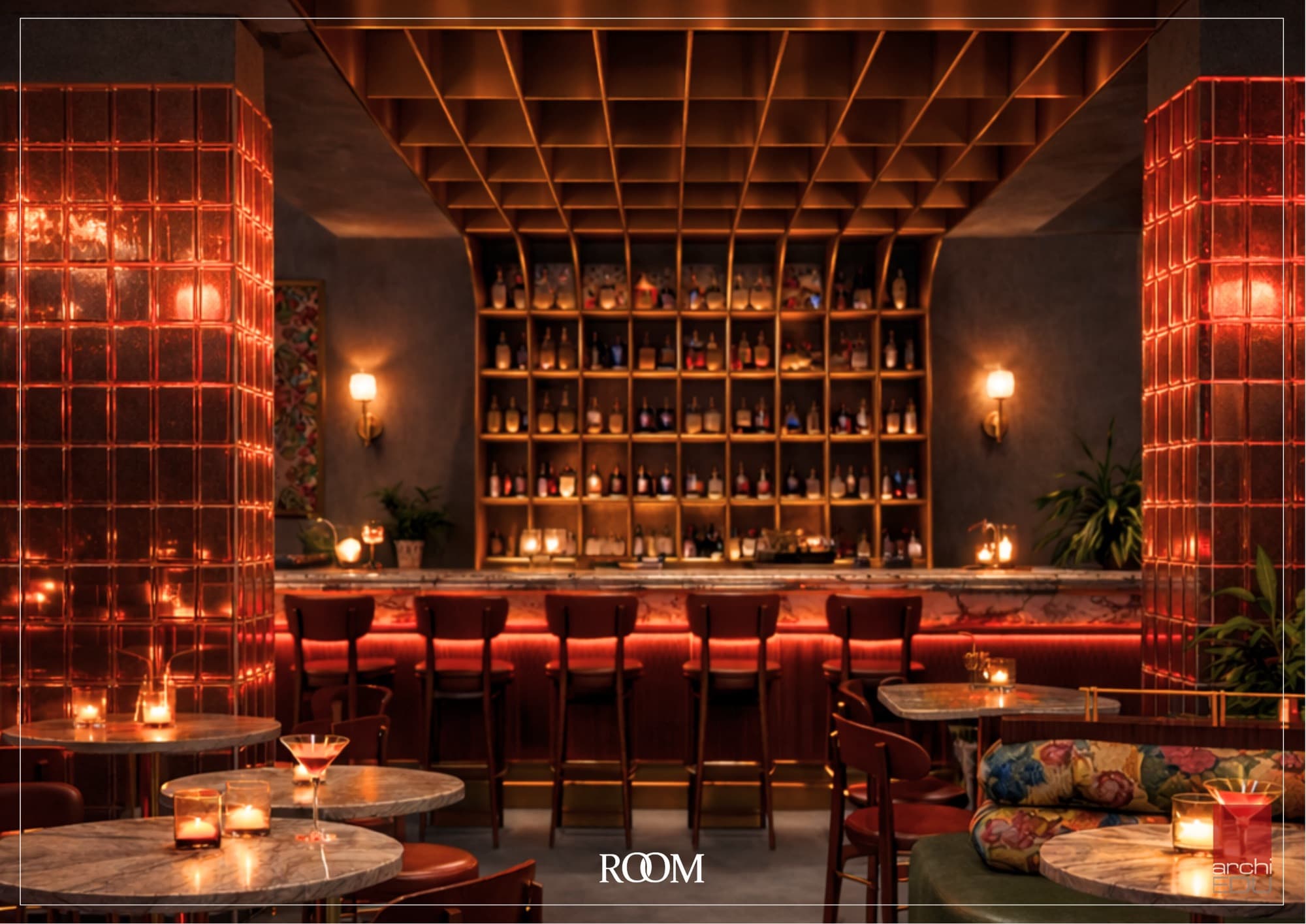 Amber glassblock · Velvet banquettes · Live nights