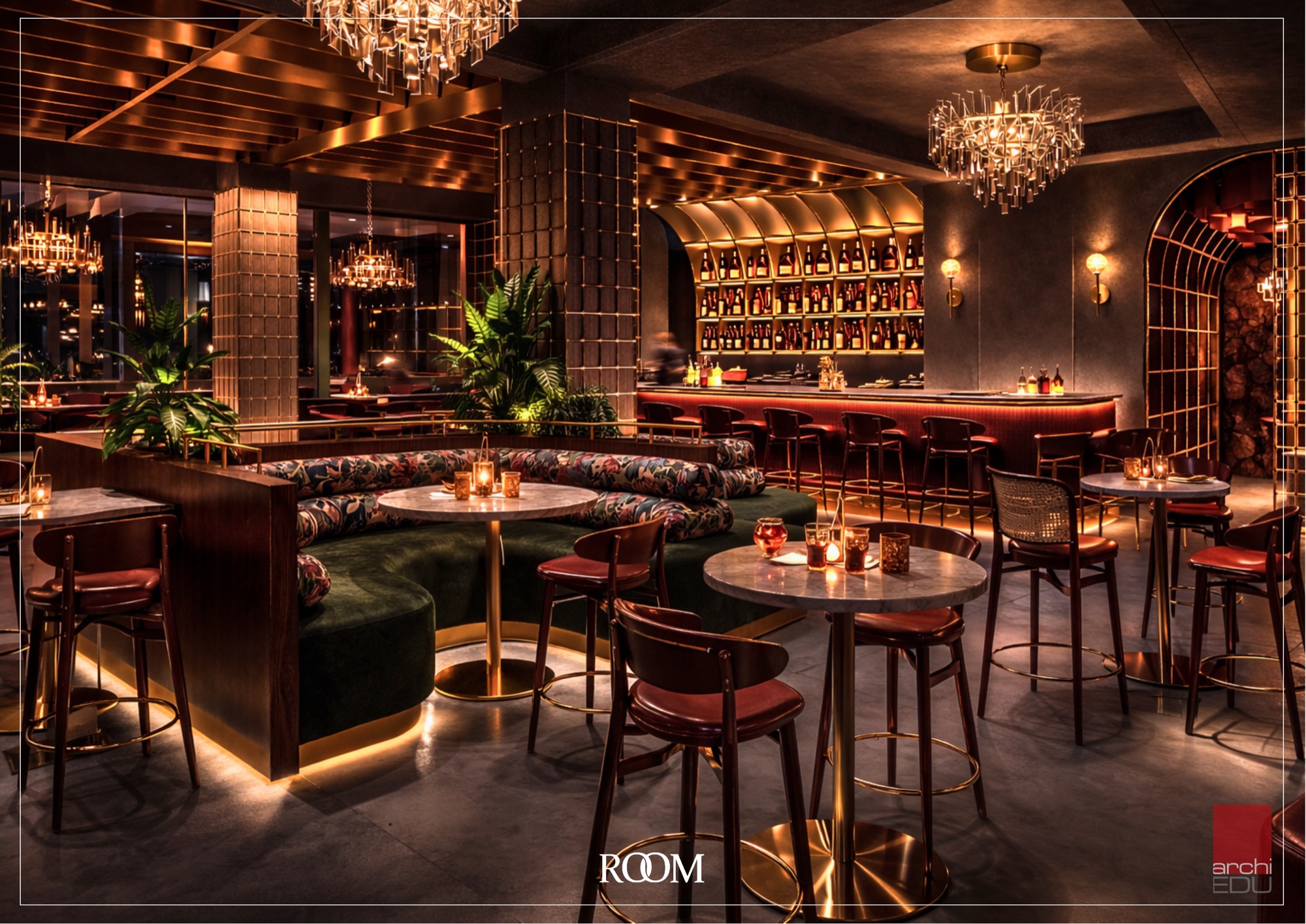 Cocktail Lounge — cascading crystal under deep espresso.