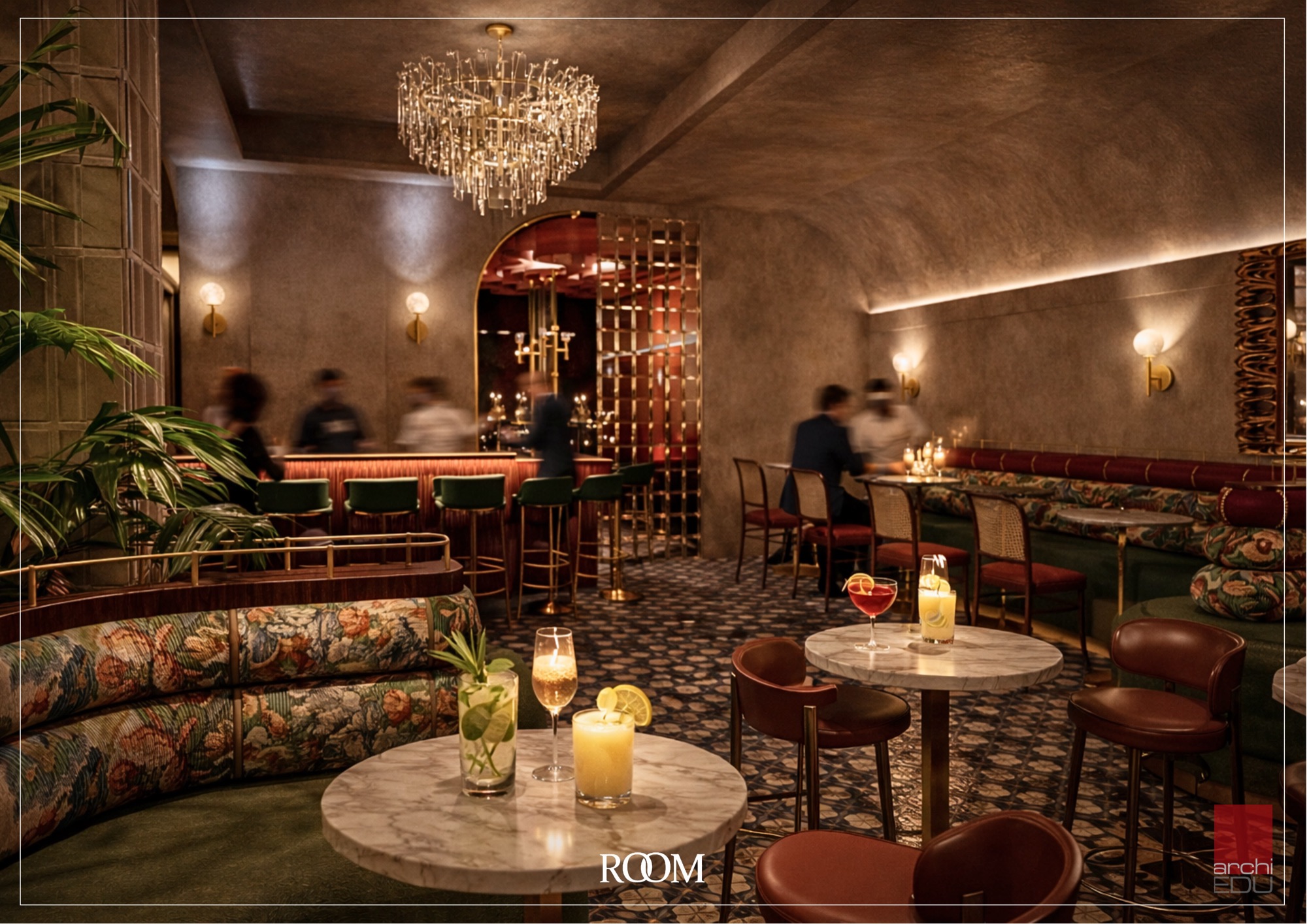The Main Hall — Brass arches, marble bar.