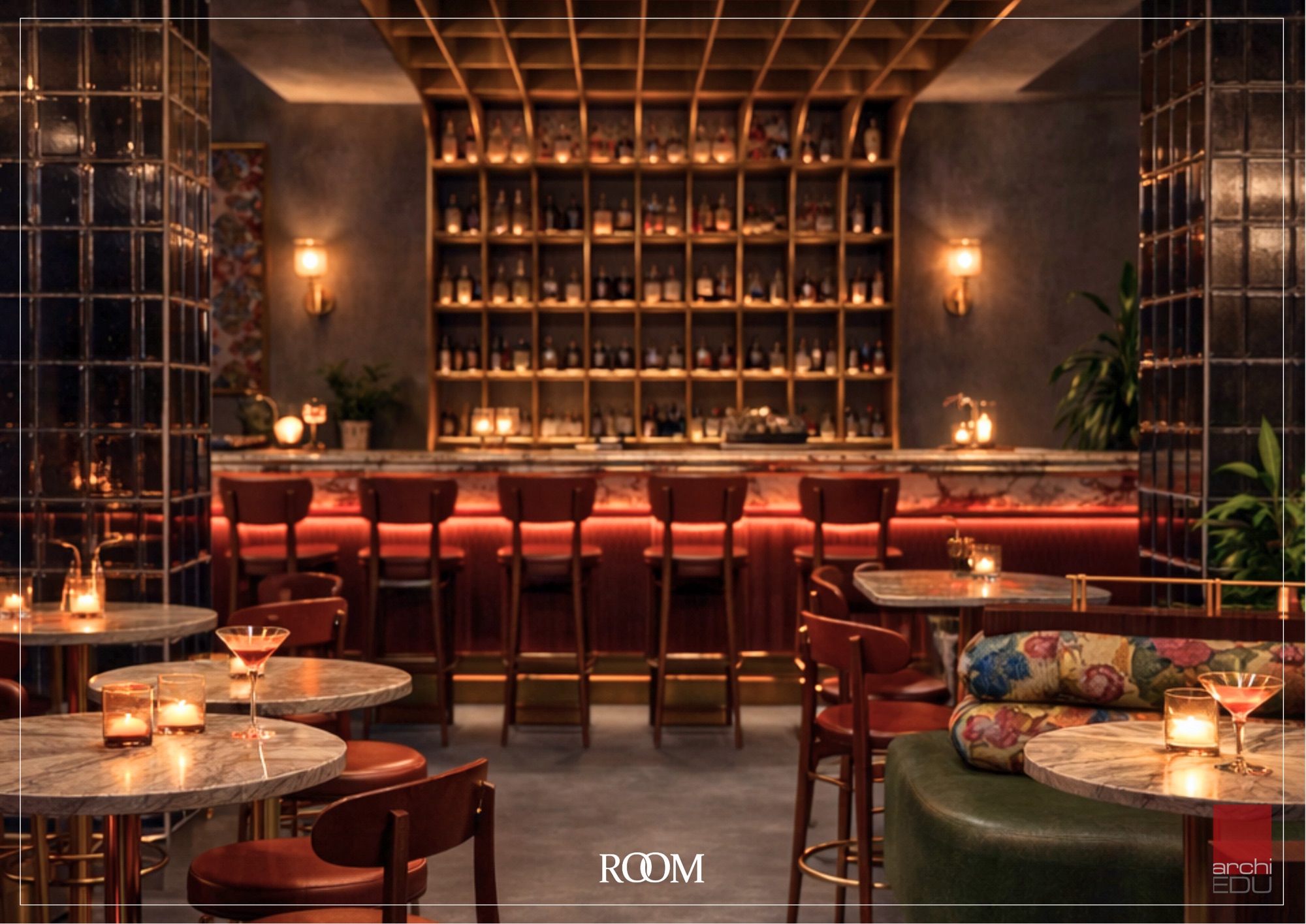 The Bar — tufted oxblood and brass grid.