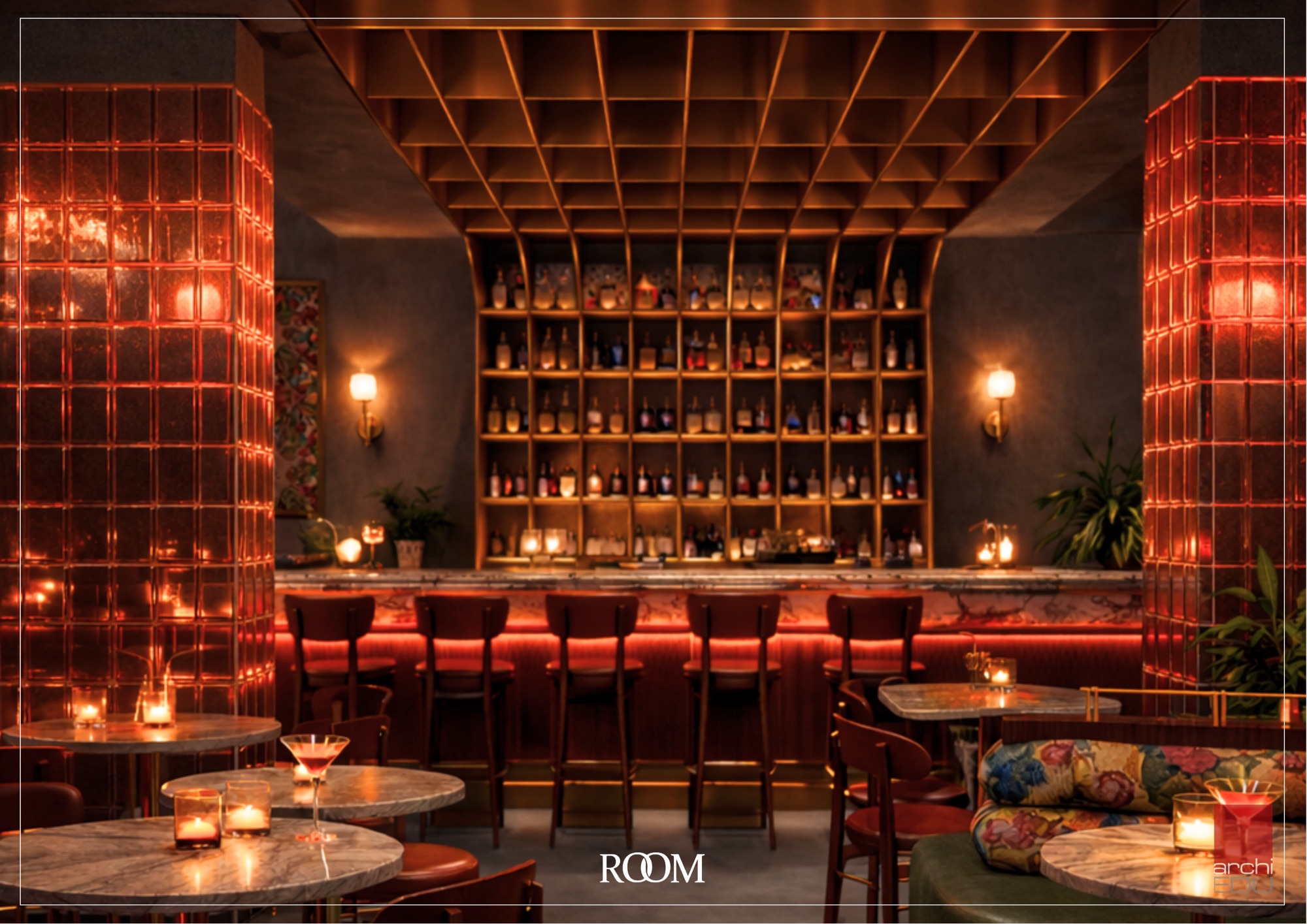 Amber Glow — glassblock columns x velvet banquettes.