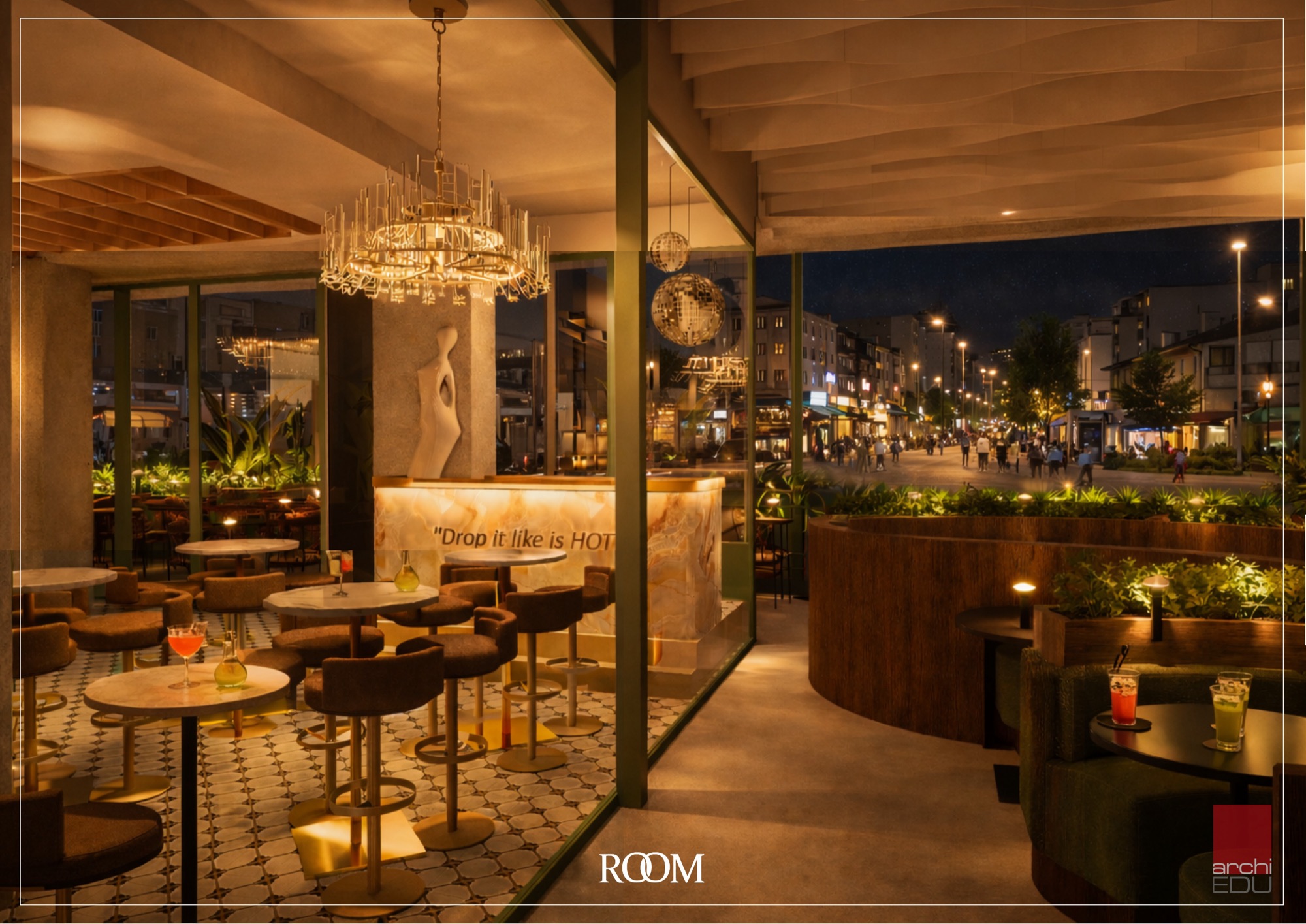 Rooftop Terrace — Lipjan under bistro lights.